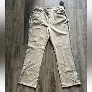 Ralph Lauren High Rise Tan Pants with Embroidered Trim 14W NWT